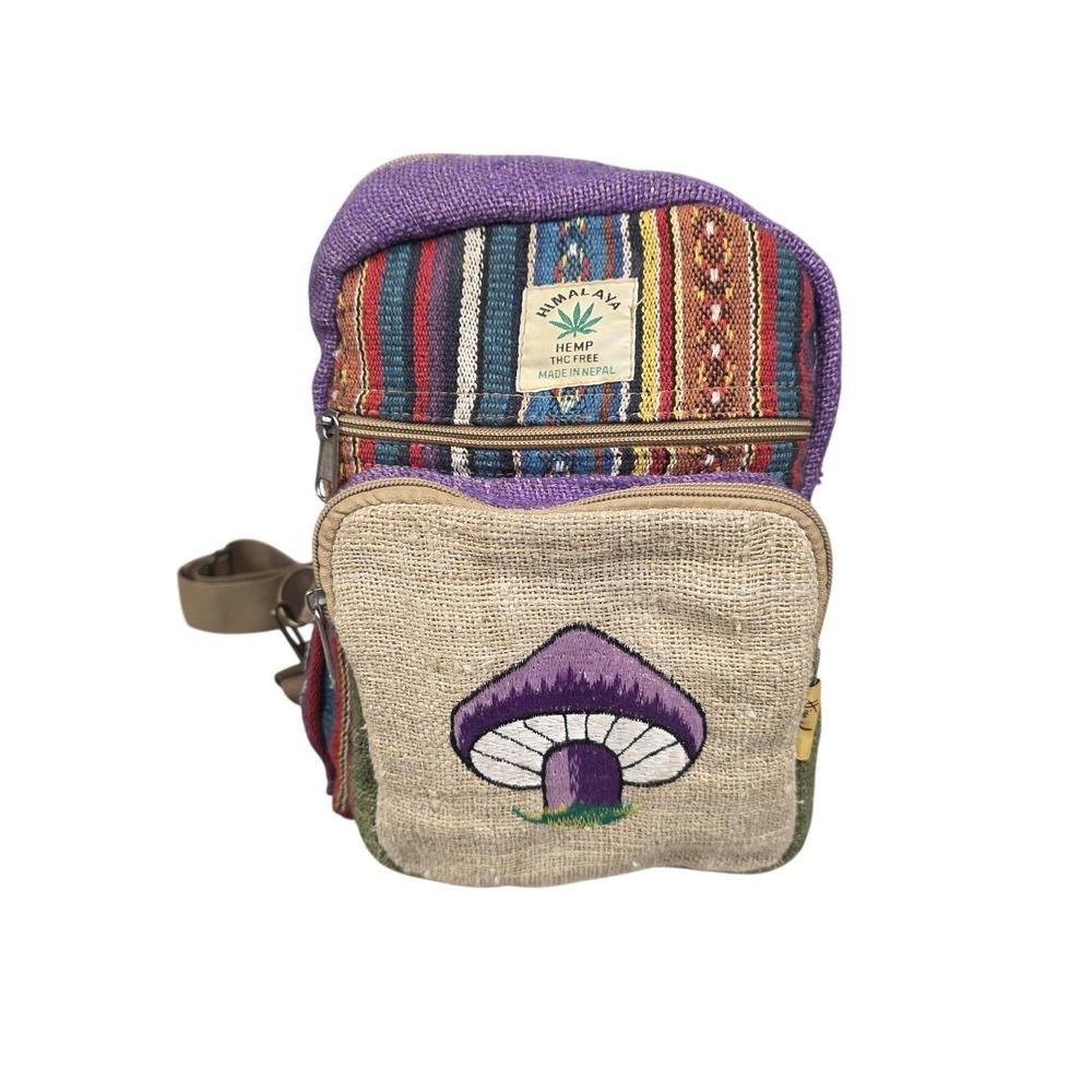 Himalayan Hemp Sling Bag Unisex Small Multicolor Embroidered Mushroom Boho